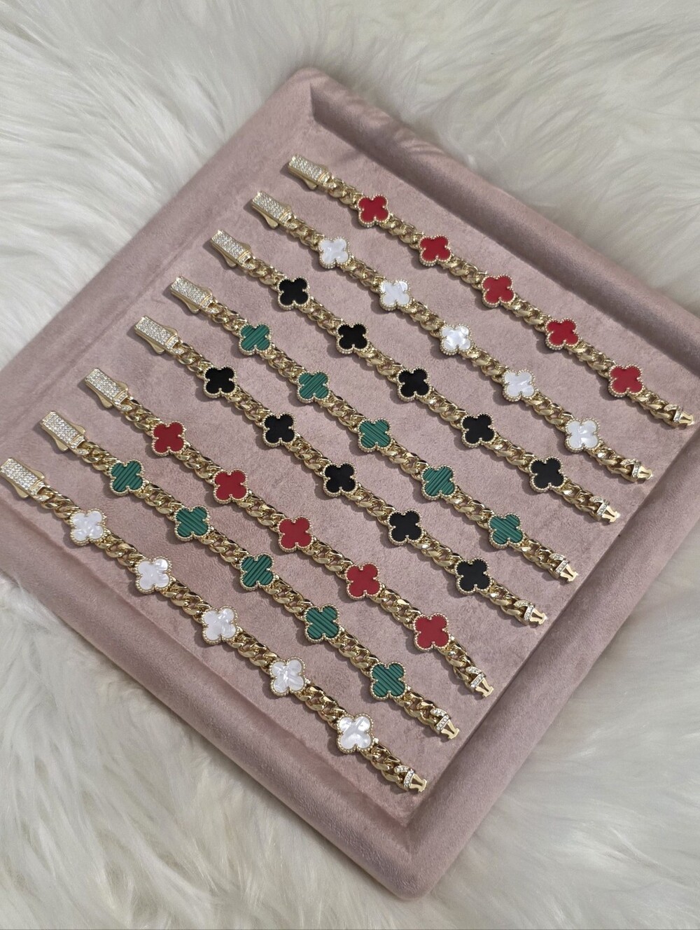 Gold Clover Link Bracelet in Red, Black, Green, White
